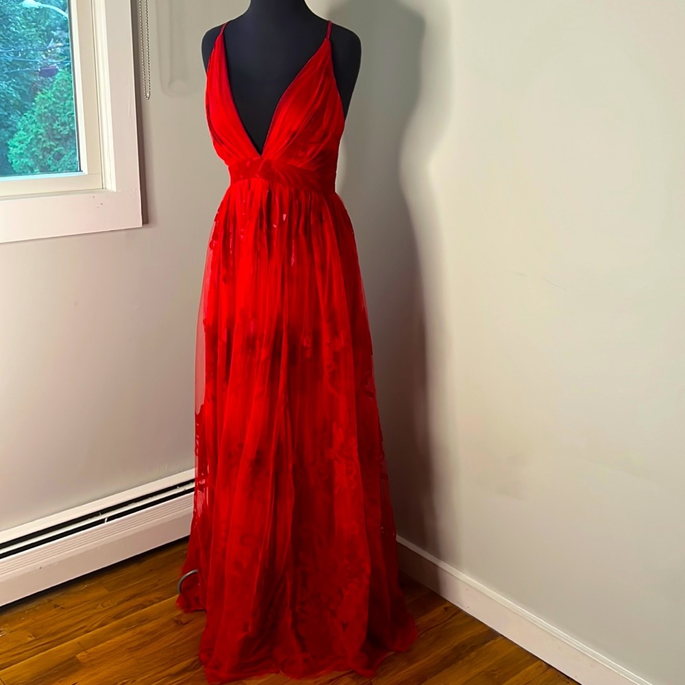 Red Maxi Dress with Chiffon Overlay SM